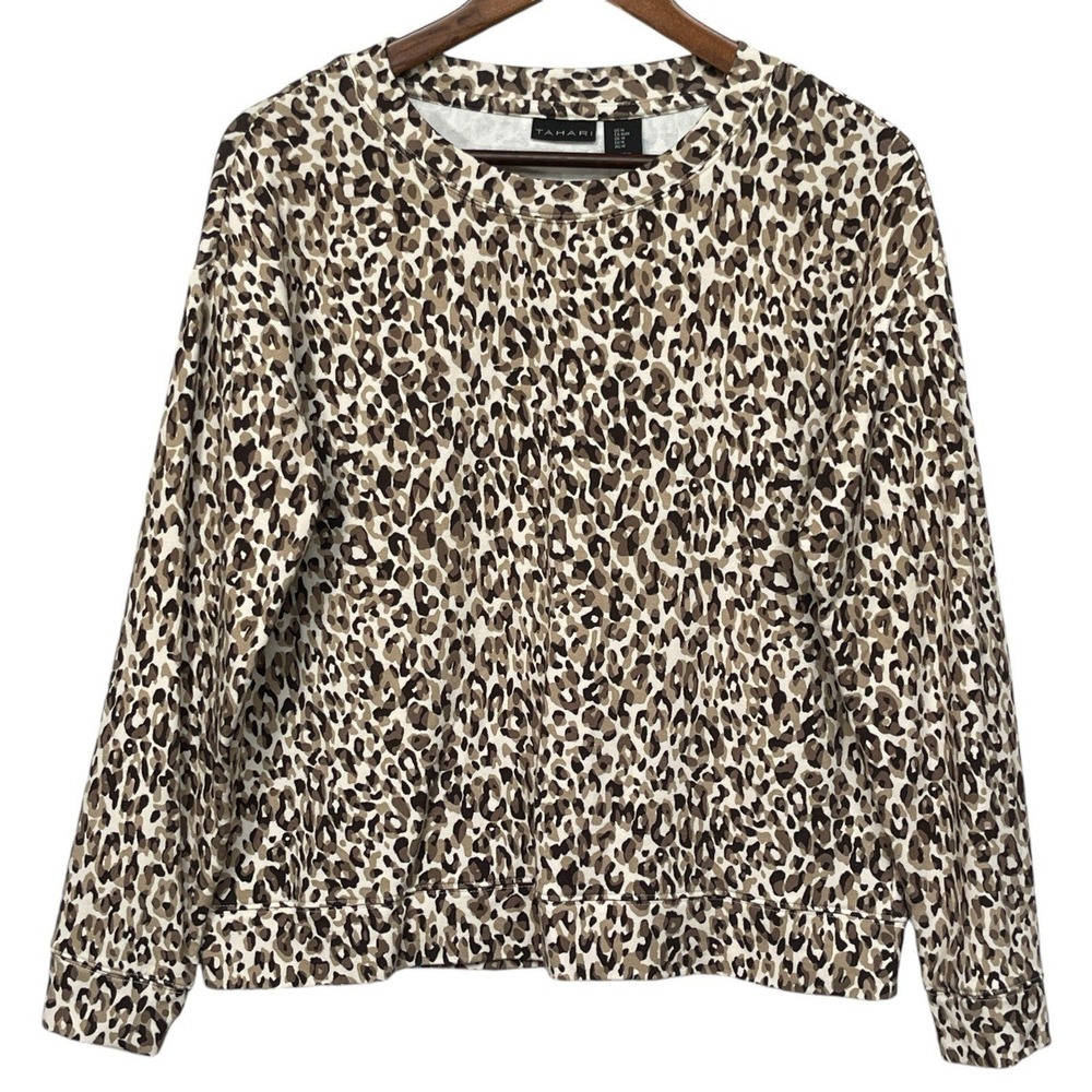 Tahari Womens Leopard Print Crewneck Sweatshirt Brown Tan Long Sleeve Size M